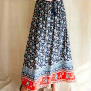 Sale👠 Jodifl Boho Elastic Waist Drawstring Floral Maxi Skirt - Blue and Red